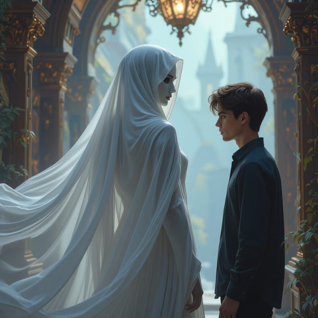 Ethereal Ghost Woman's Haunting Gaze in Matte Painting Style