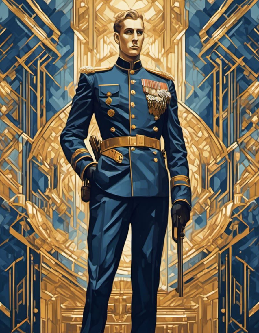 Futurist Art Deco Military Officer in Blue Uniform