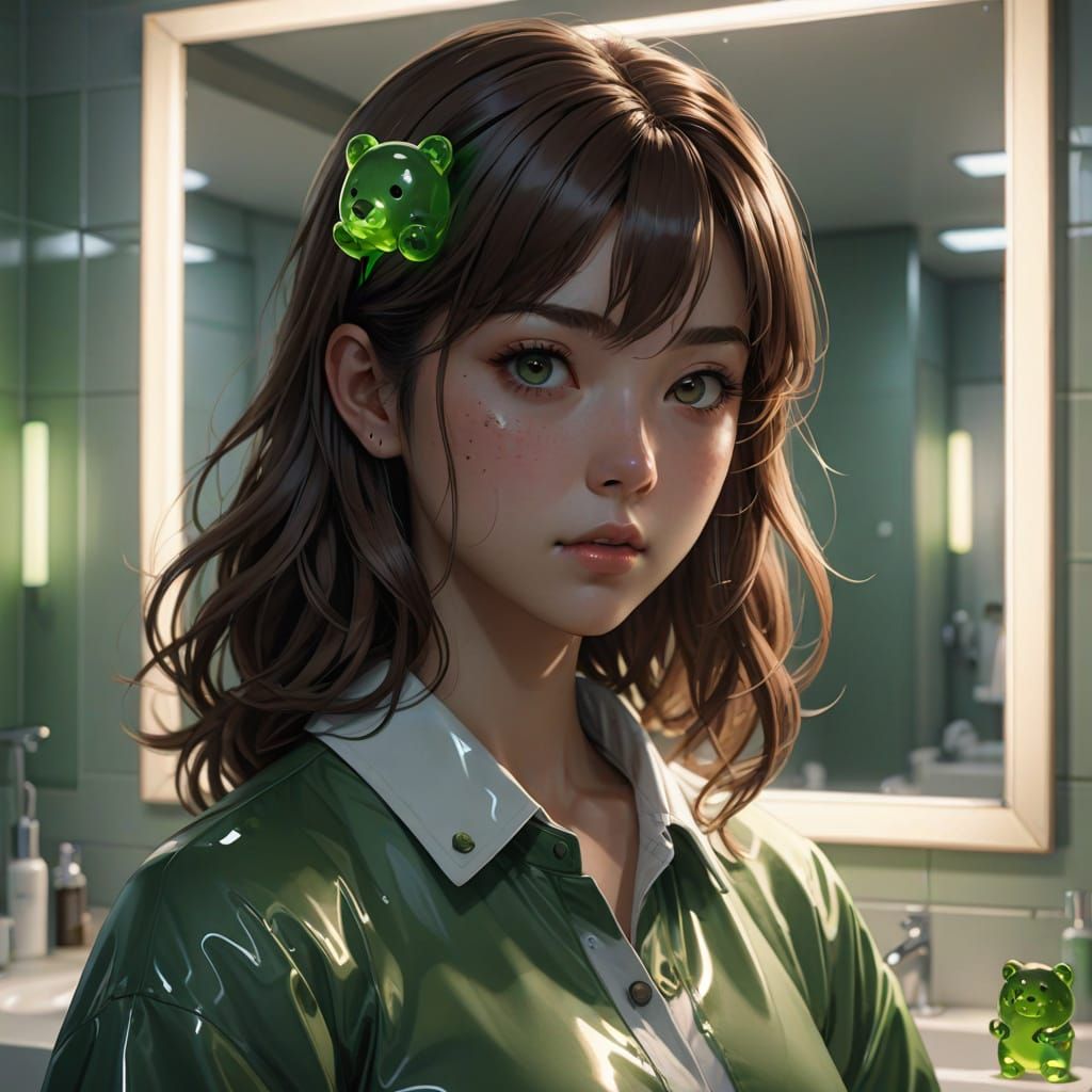 Anime Girl Sees Gummy Bear Reflection in Bathroom Mirror