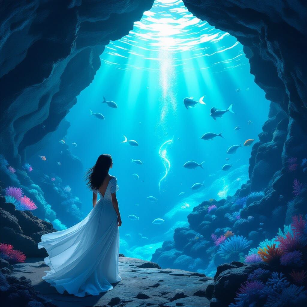 Woman Gazes at Magical Portal to Underwater Realm