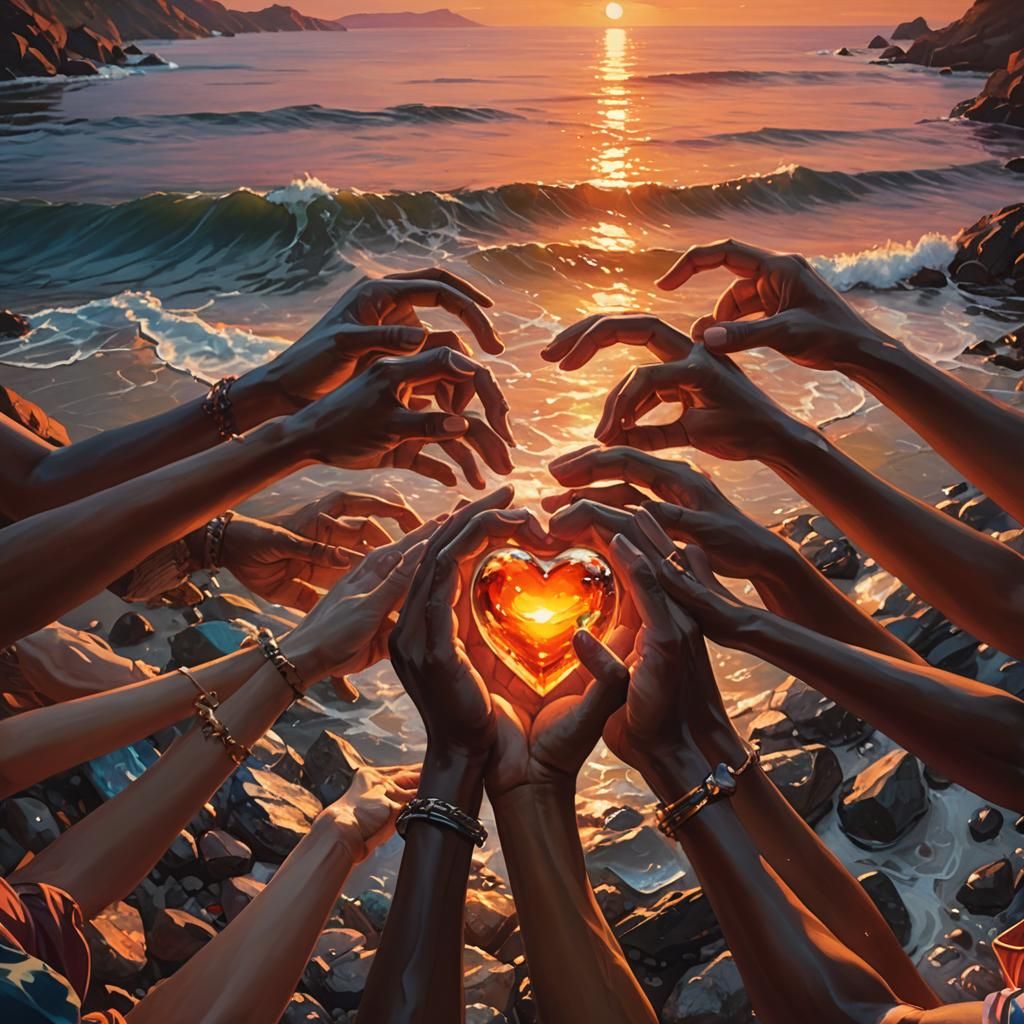 Hands Holding Heart at Sunset: Vibrant Oil Painting