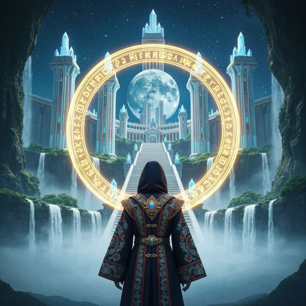 Traveler at Moon Temple in Futuristic Style