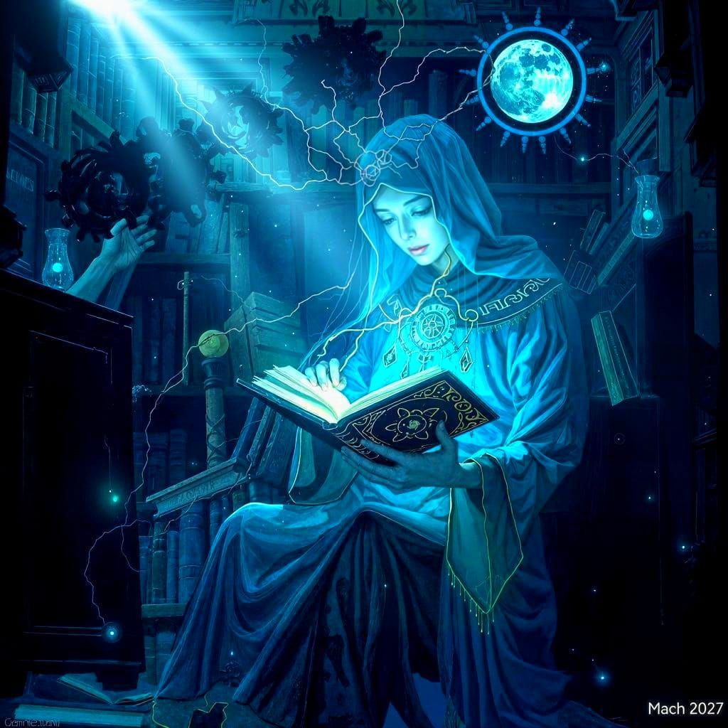 Bioluminescent Illuminati Reading in Surreal Library
