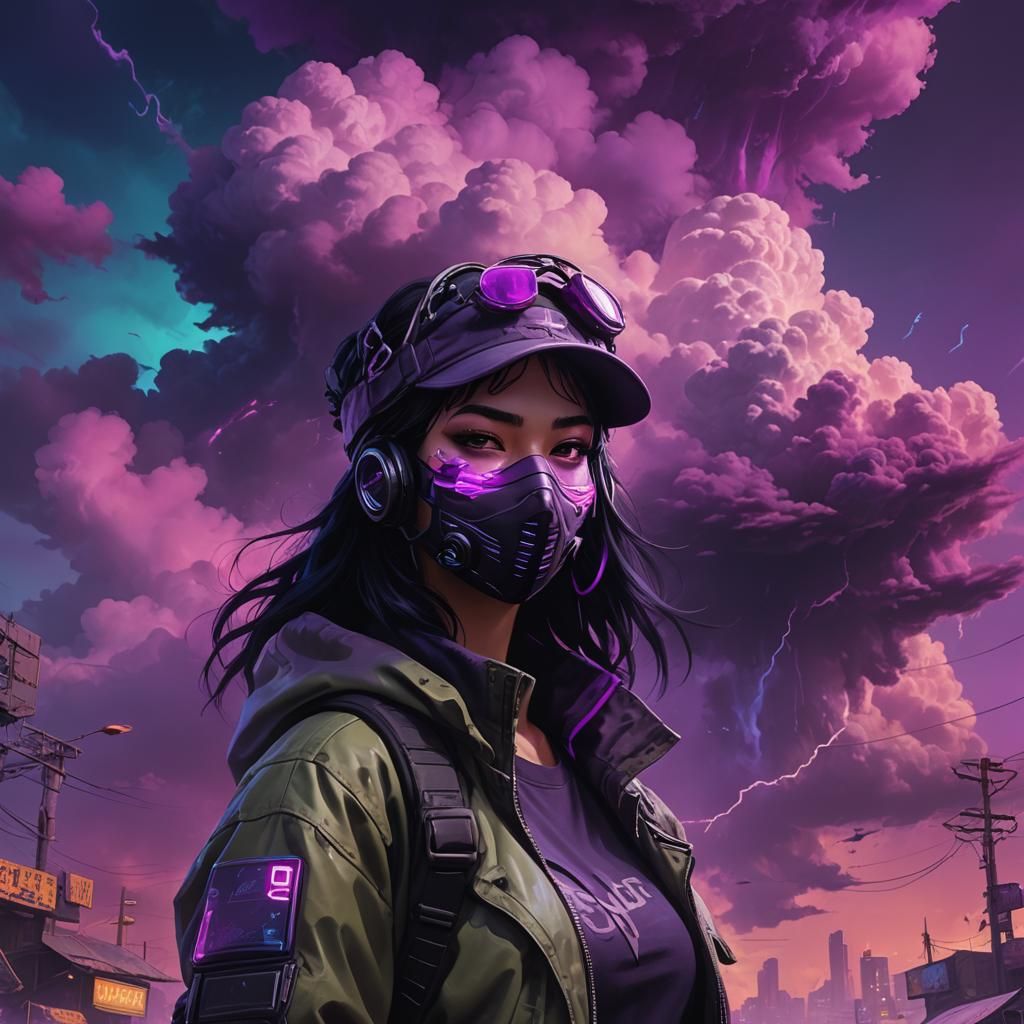 Girl with Neon Mask in Cyberpunk Illustration