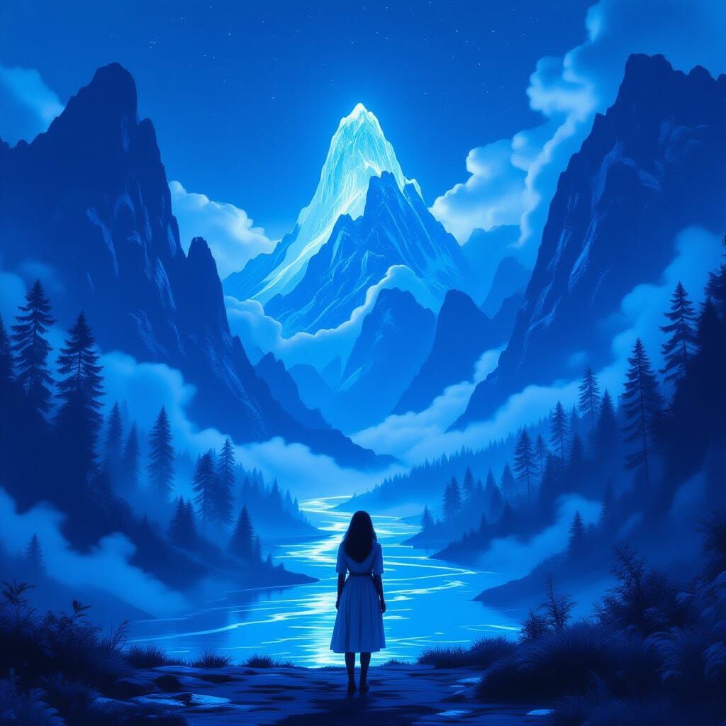 Monochromatic Blue World with Towering Mountains