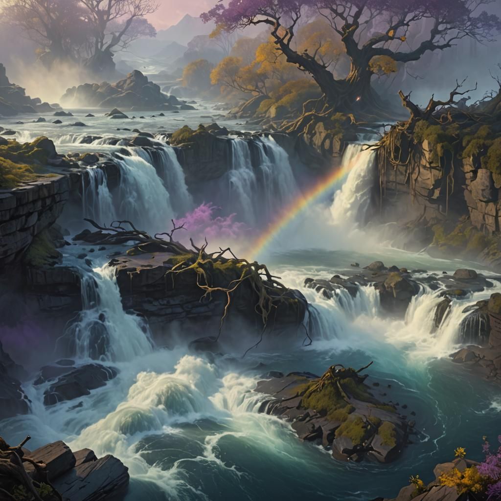 Dark Fantasy Falls with Spectral Mist