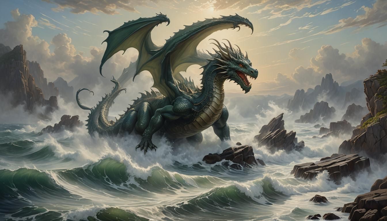 Dragon Emerges from Ocean: Hyperrealistic Oil Painting