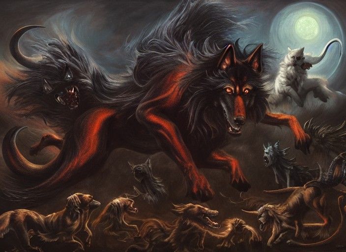 Demonic Dogs and Spirits in Ominous Oil Painting