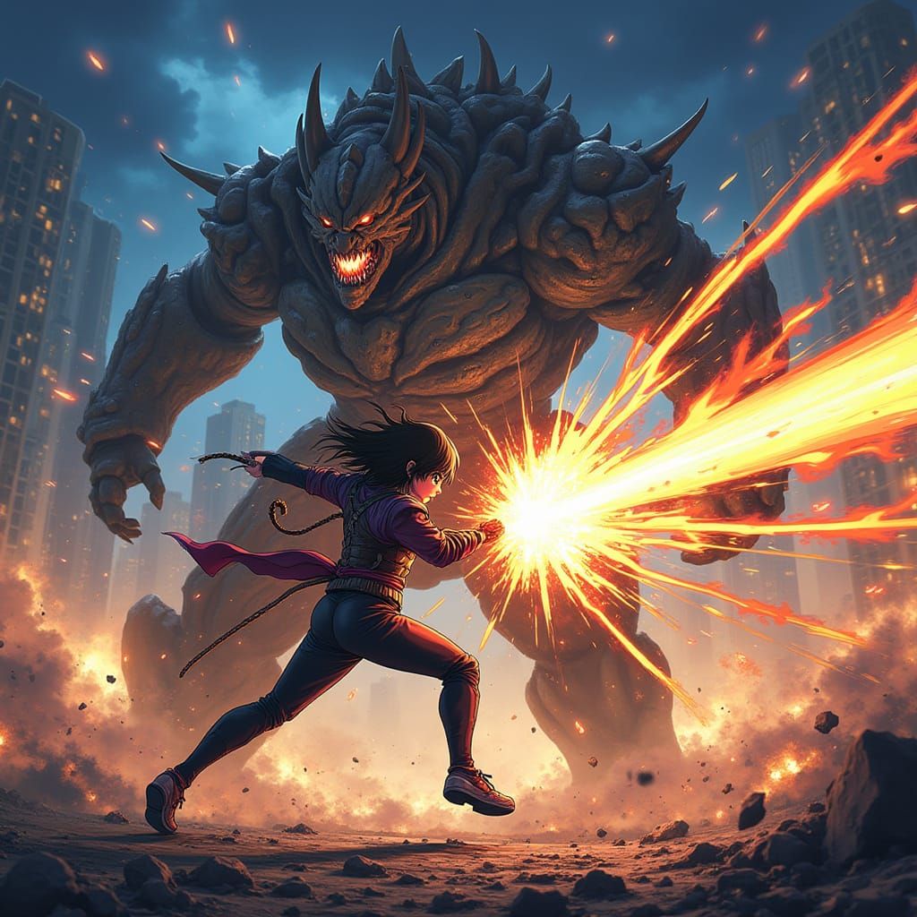 Warrior Battles Mecha-Kaiju in Explosive Anime Cityscape