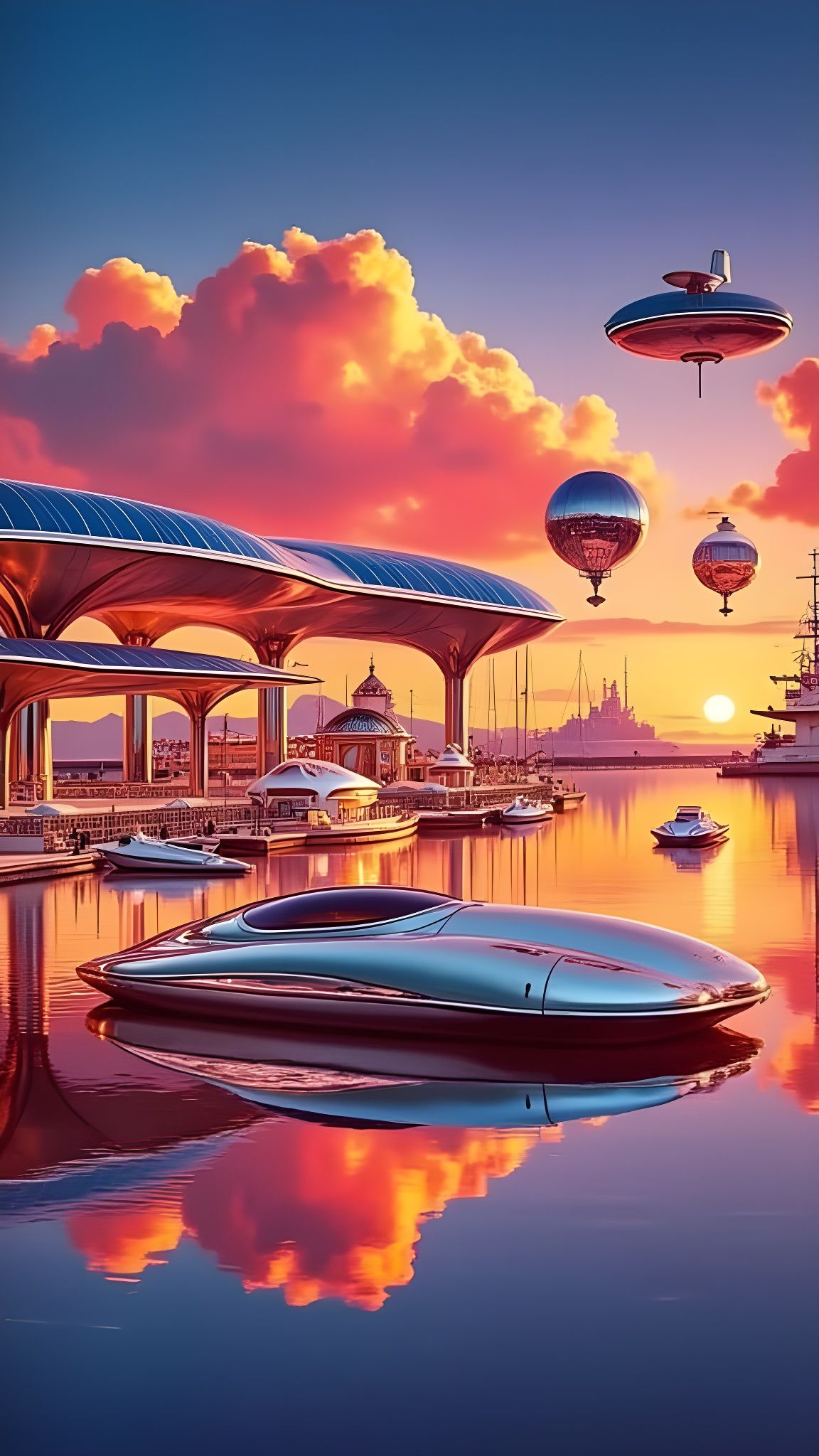 Retro-Futuristic Harbor with Solar Airships and Chrome Vesse...
