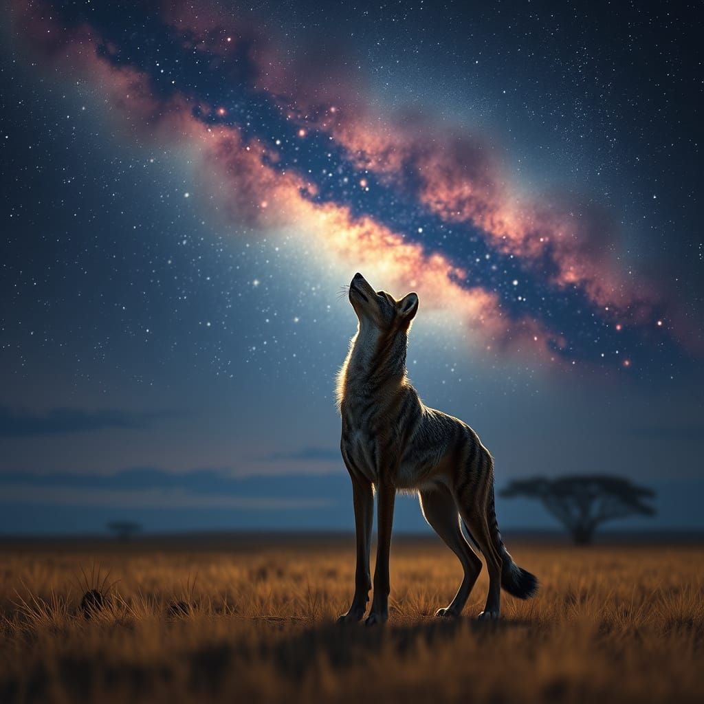 Jackal Howling at Starry Night Sky on Savannah