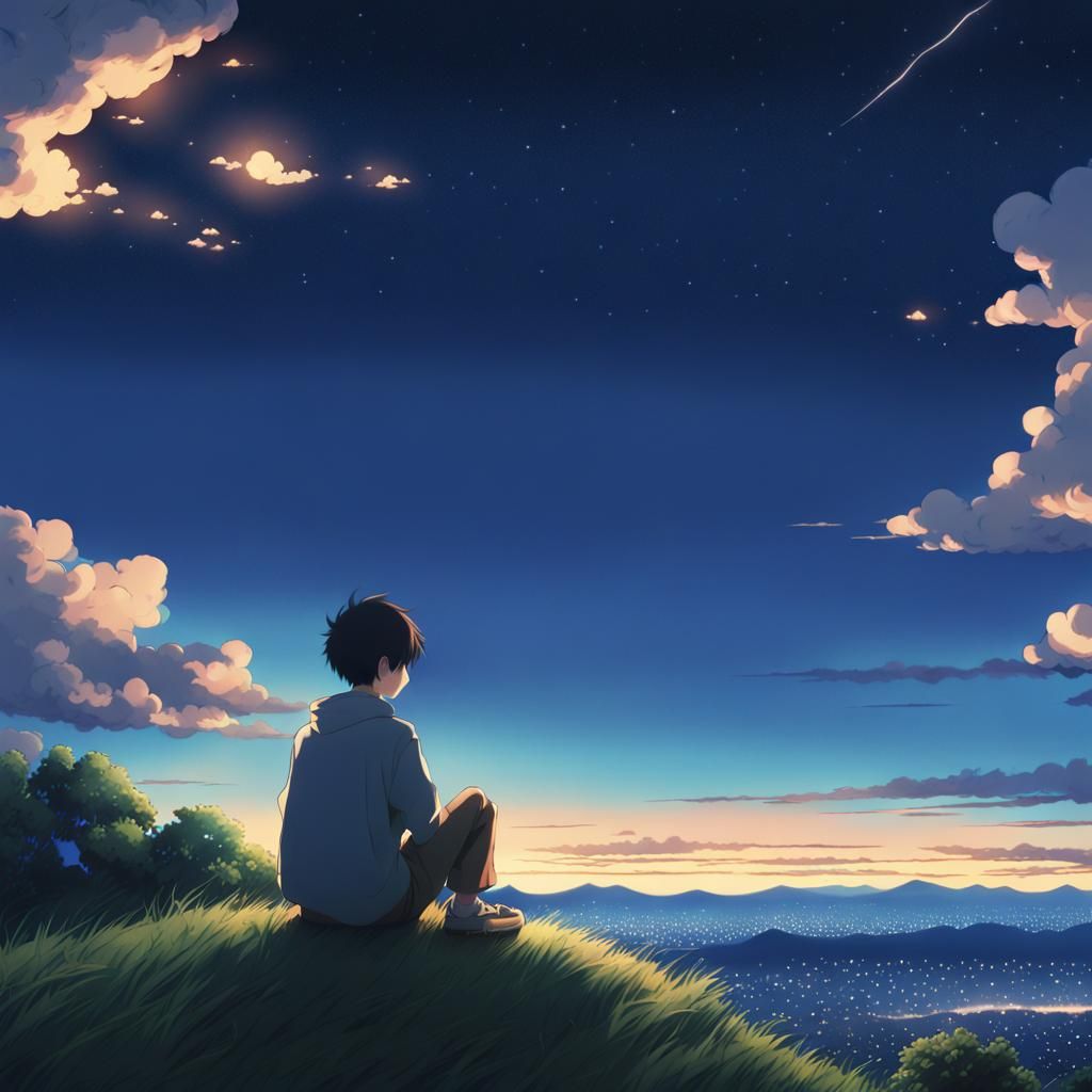 Anime Boy Contemplates Night Sky, Ghibli Style