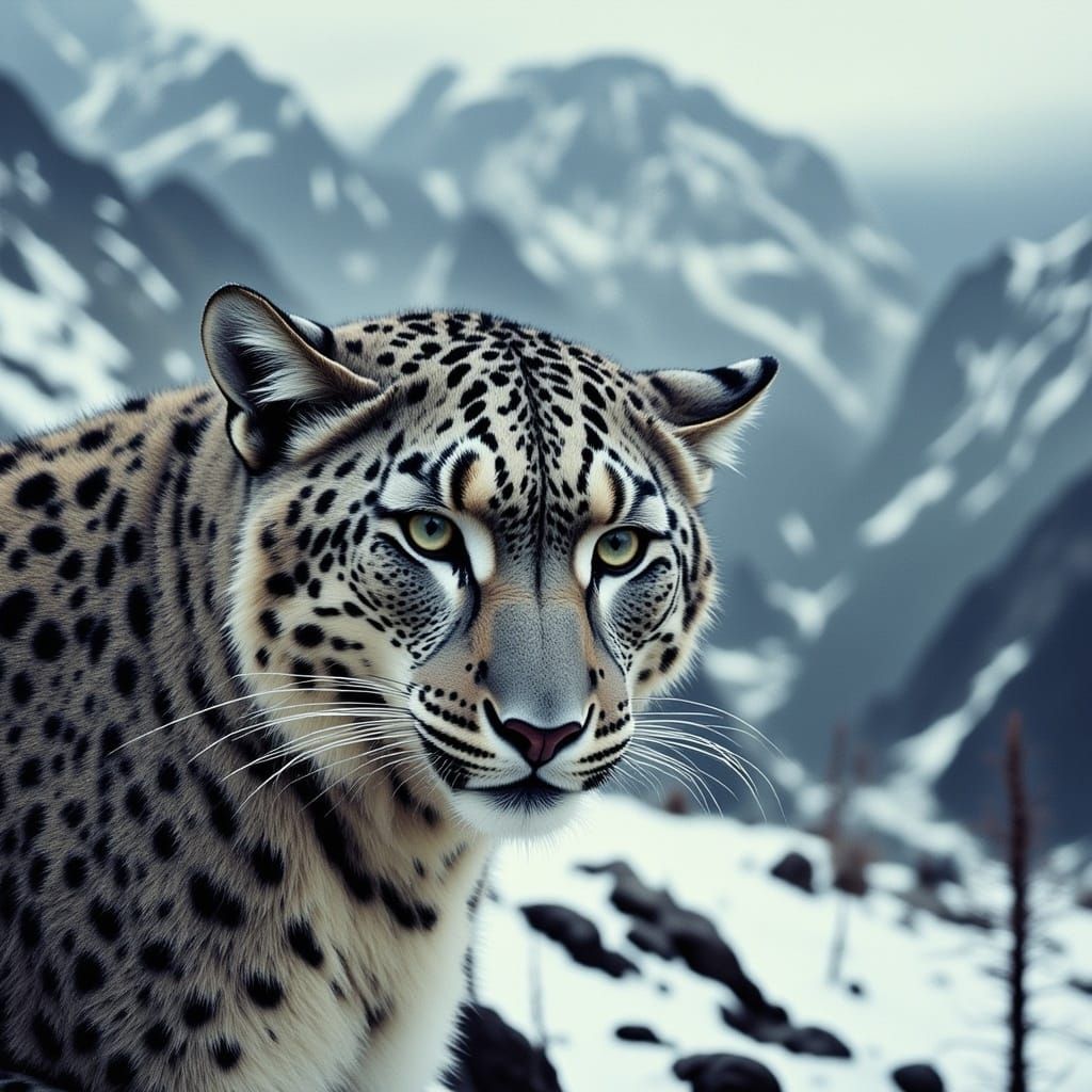 Snow Leopard in Snowy Mountains: Cinematic Film Still