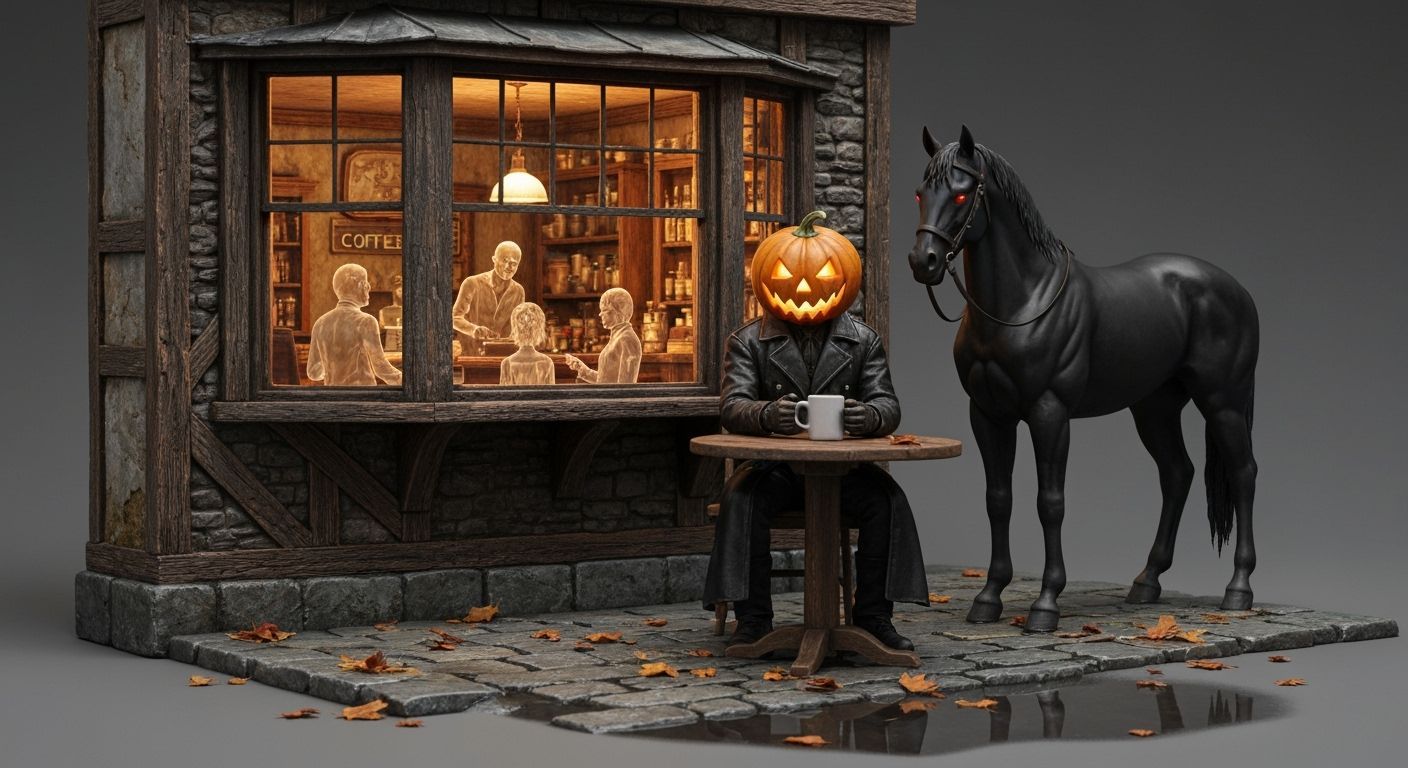 Jack-o'-Lantern Man Rests in Colonial Coffee Shop