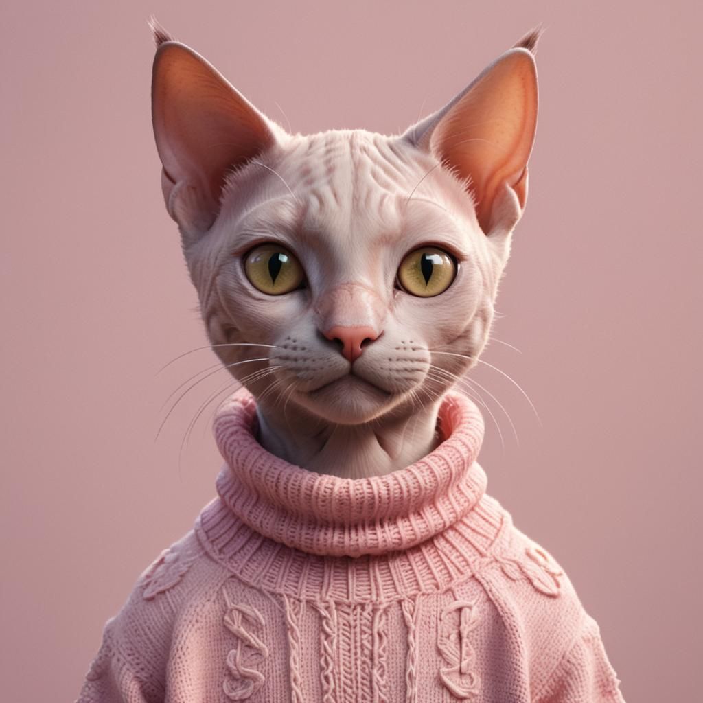 Hairless Cat in Pink Sweater: 3D Anime Art