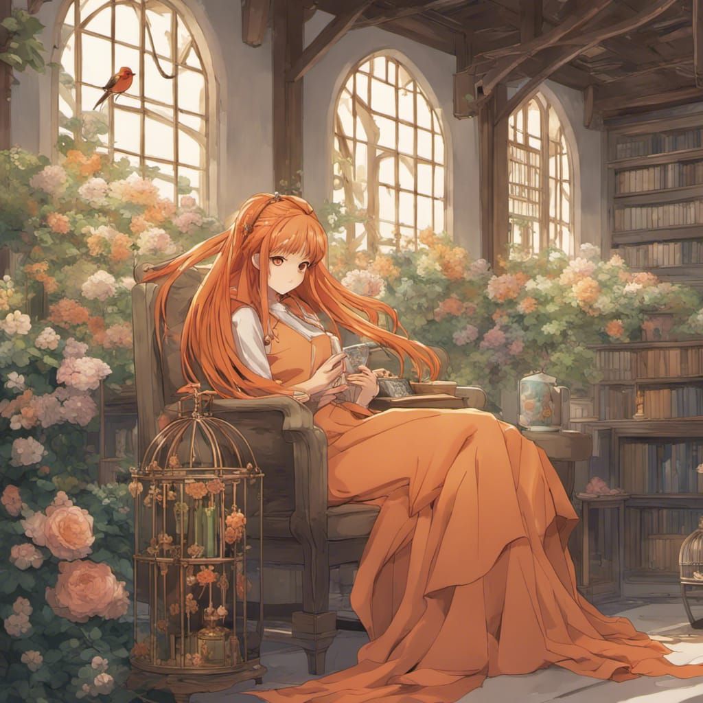 Anime Saint with Braided Hair in Garden Library