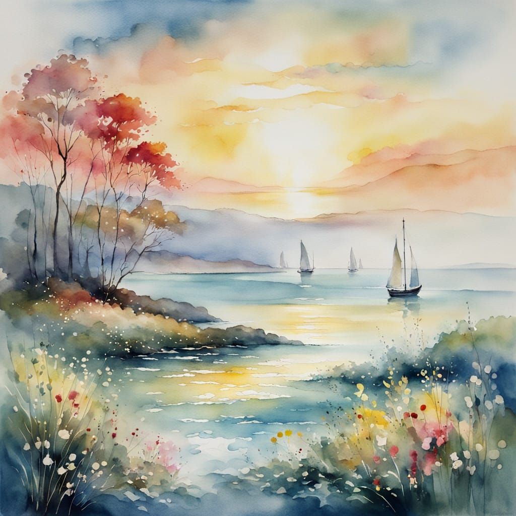 Dreamy Watercolour Landscape with Sailing Ships at Dawn