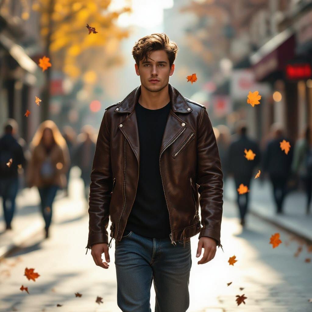 Young Man Walking Down Street in Photorealistic Style
