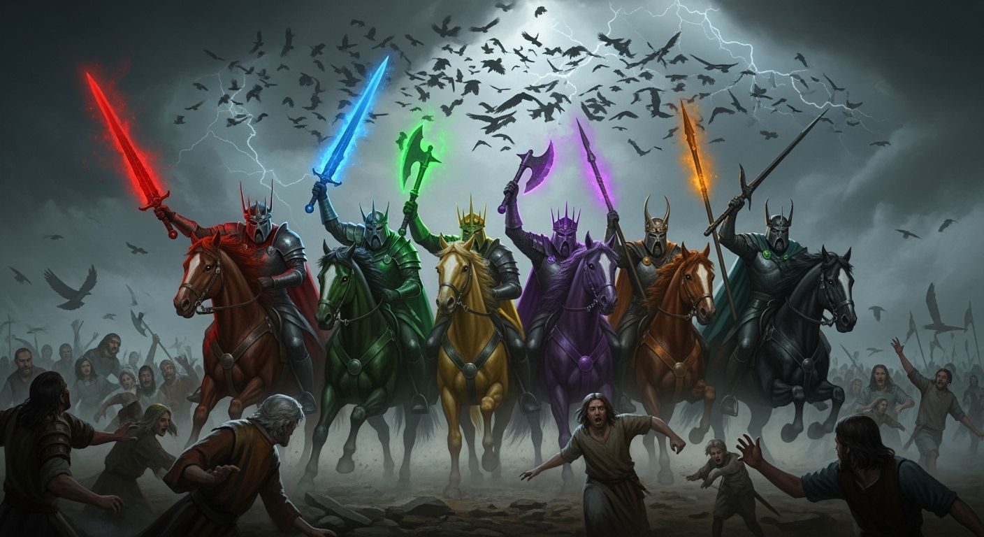 Seven Crowned Horsemen with Colorful Weapons and Fleeing Cro...