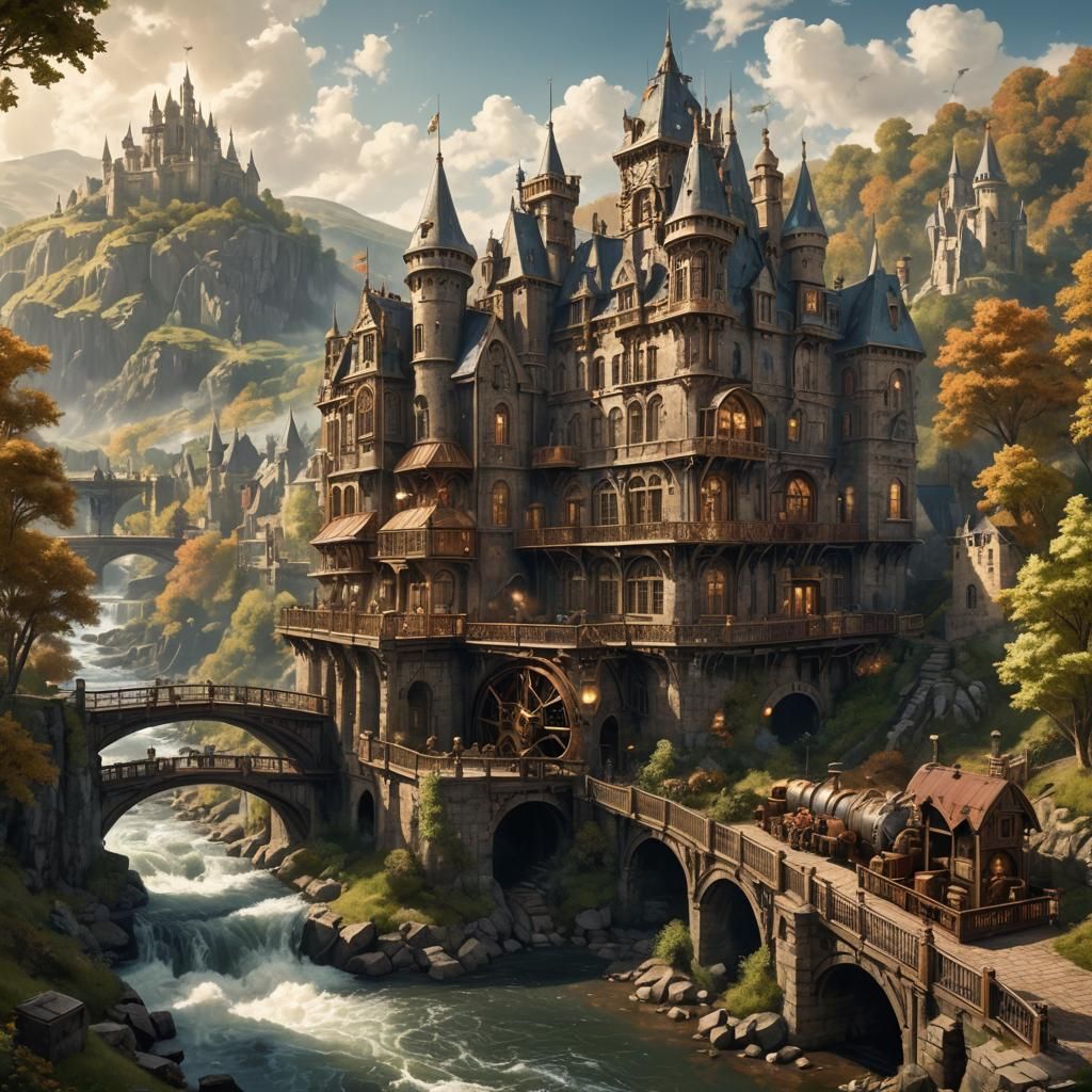 Steampunk Landscape with Willow and Castle
