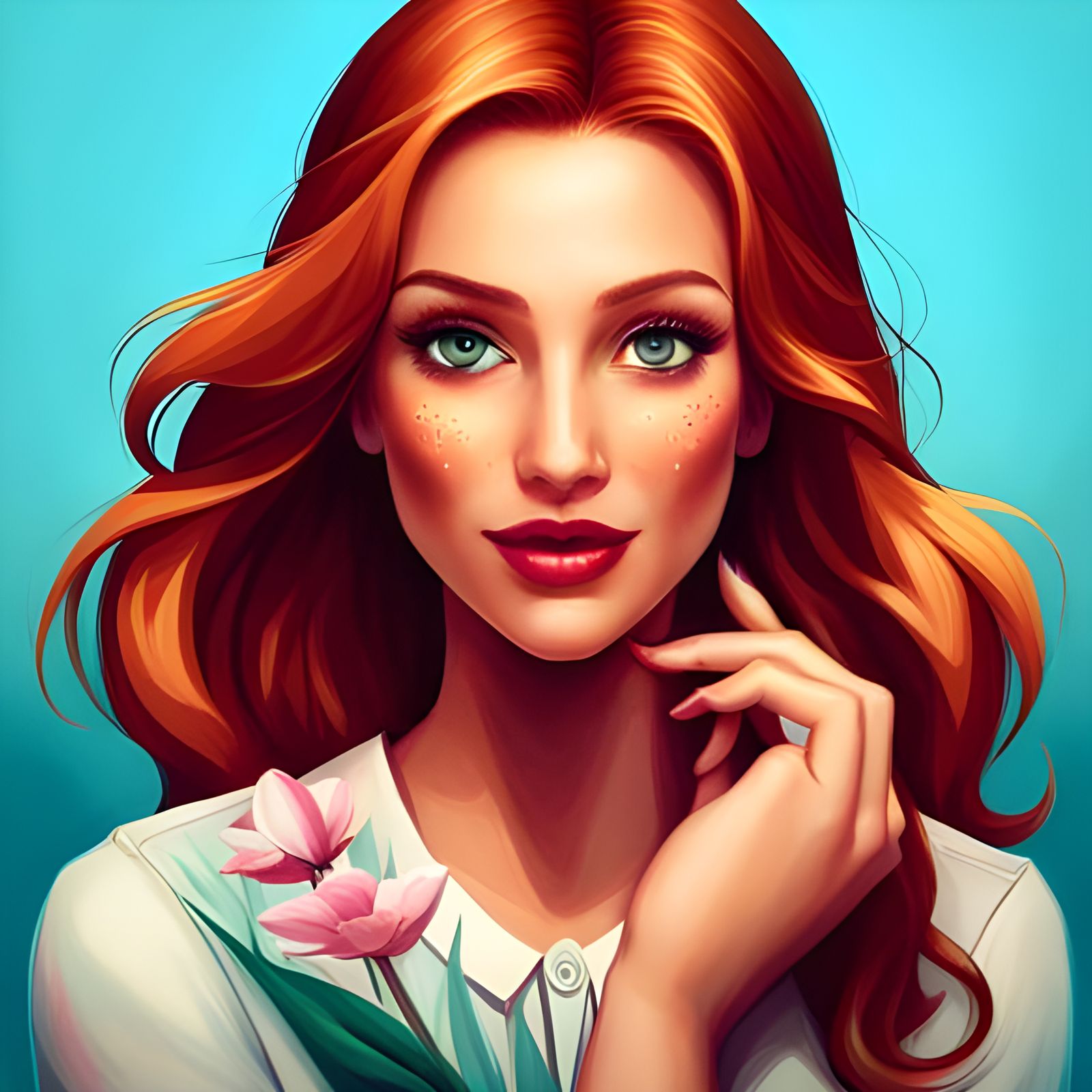 Gorgeous Redhead Surrounded by Flowers: Digital Art