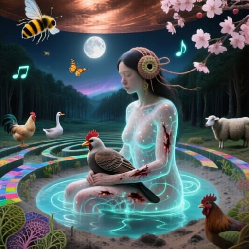 Sculptor Within Spiral Bio-Art Sculpture Under Moonlight