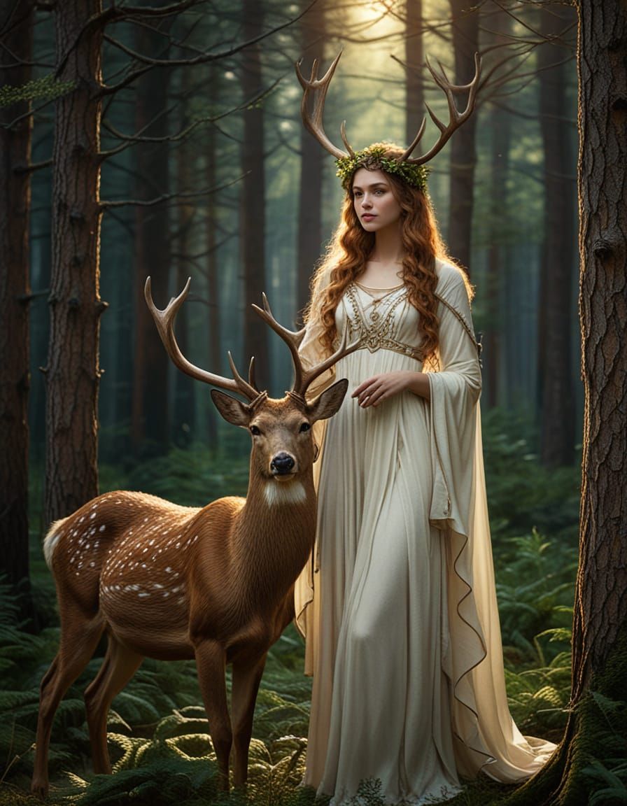 Goddess and Deer in Forest: Pre-Raphaelite Painting