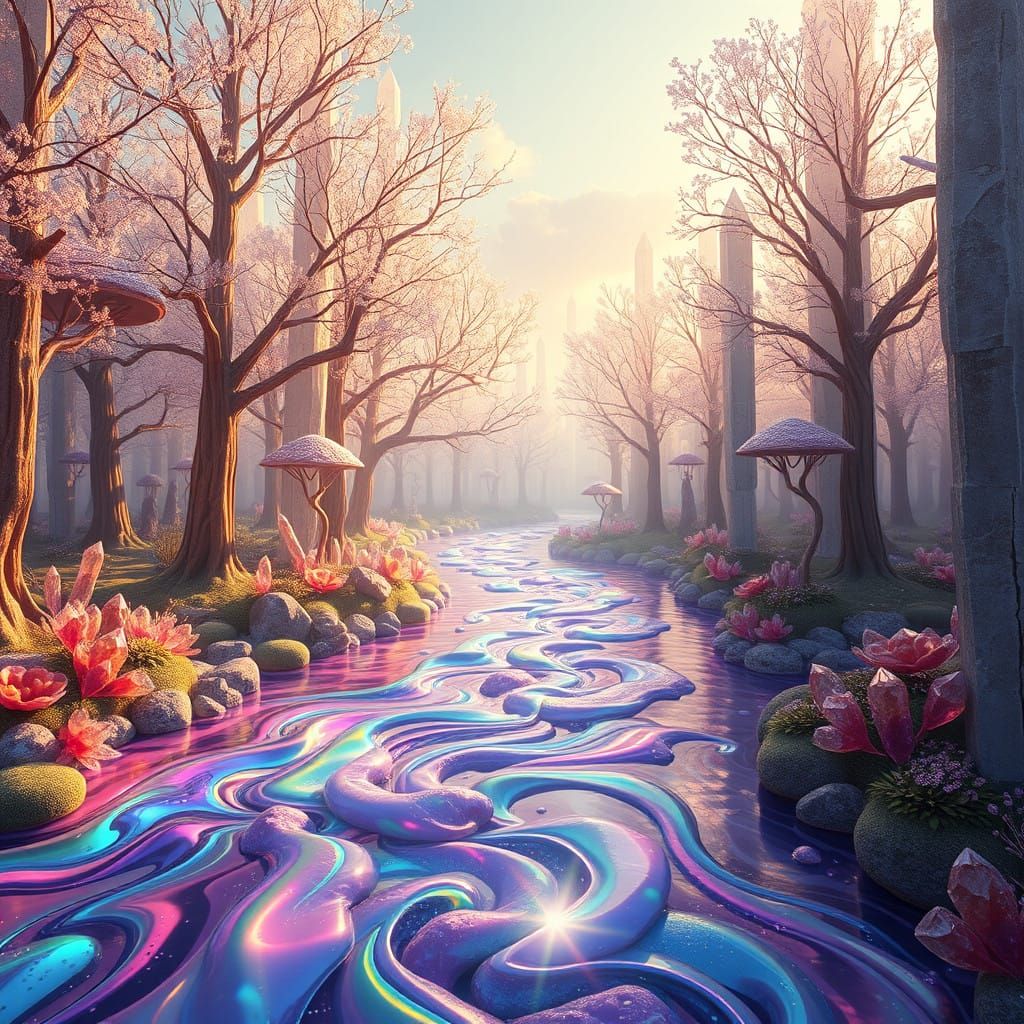 Crystal Forest River Scene in Prism Colors