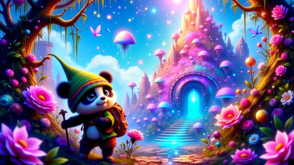 Panda's Enchanted Mountain Adventure in Fairy-Punk Style