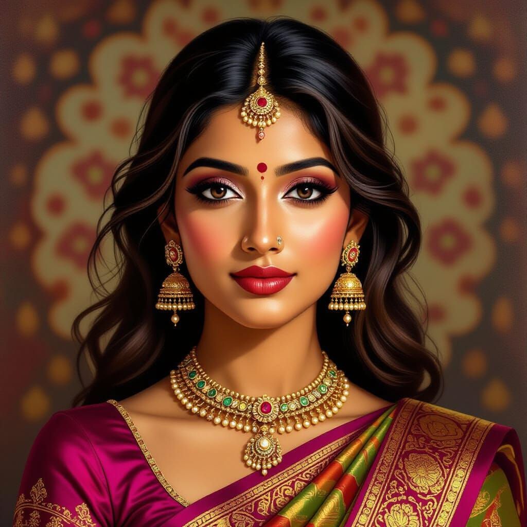 Elegant Indian Woman in Ornate Saree, Oil Painting Portrait
