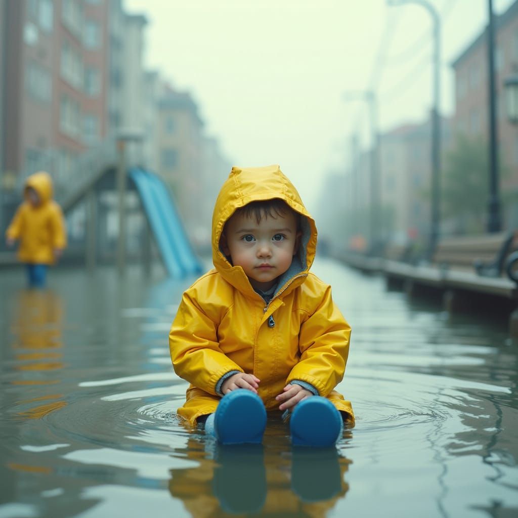 Boy in Raincoat in Flooded Cityscape