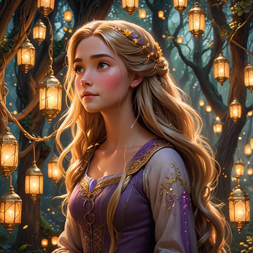 Rapunzel in Forest of Lanterns: Hyperrealistic Concept Art