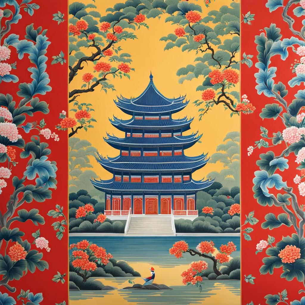 Chinoiserie Gouache Painting Wallpaper Design