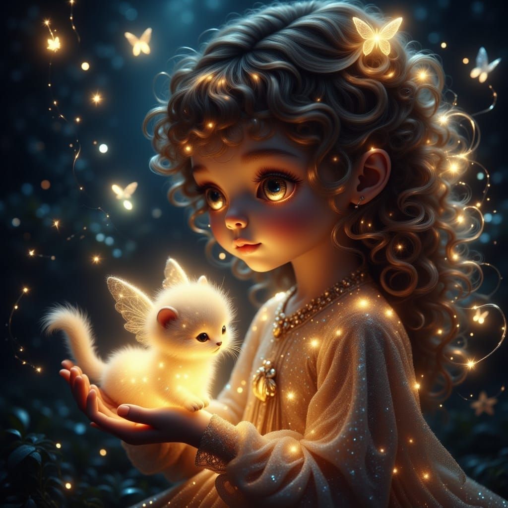 Child and Winged Kitten in Enchanted Forest