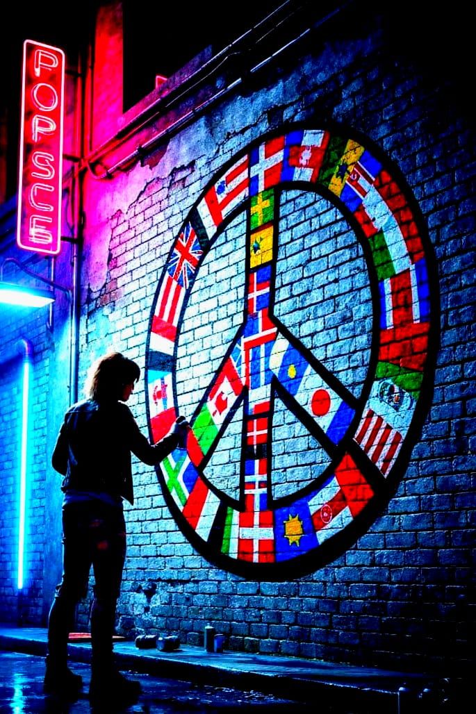 Punk Artist Paints Global Peace Mural in Neon Alleyway