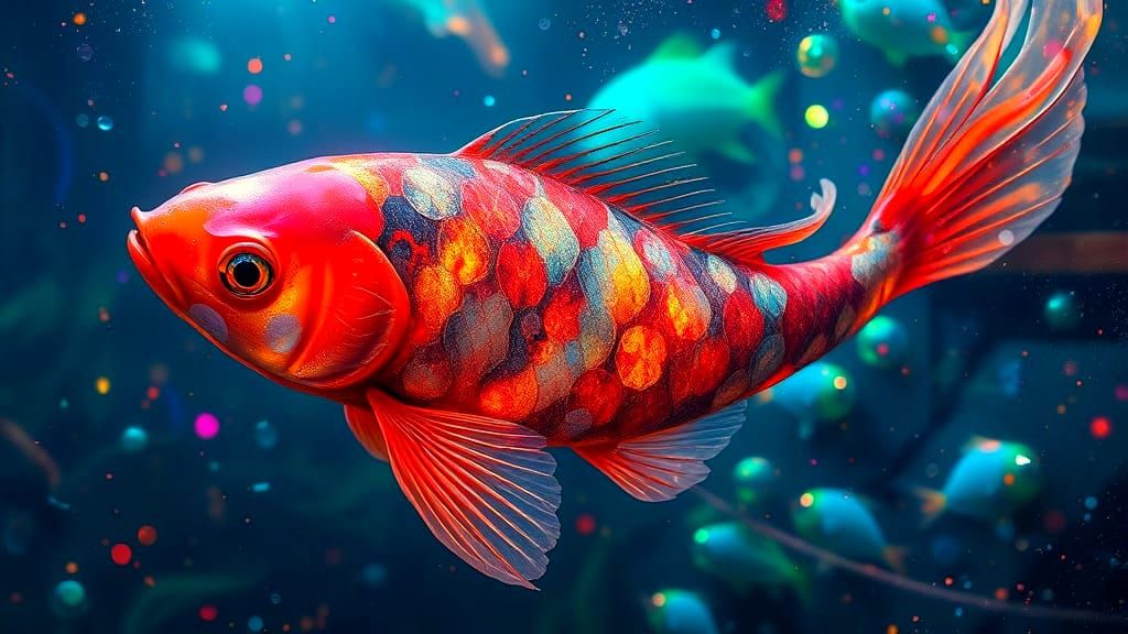 Surreal Iridescent Koi Fish in Underwater Biopunk Scene