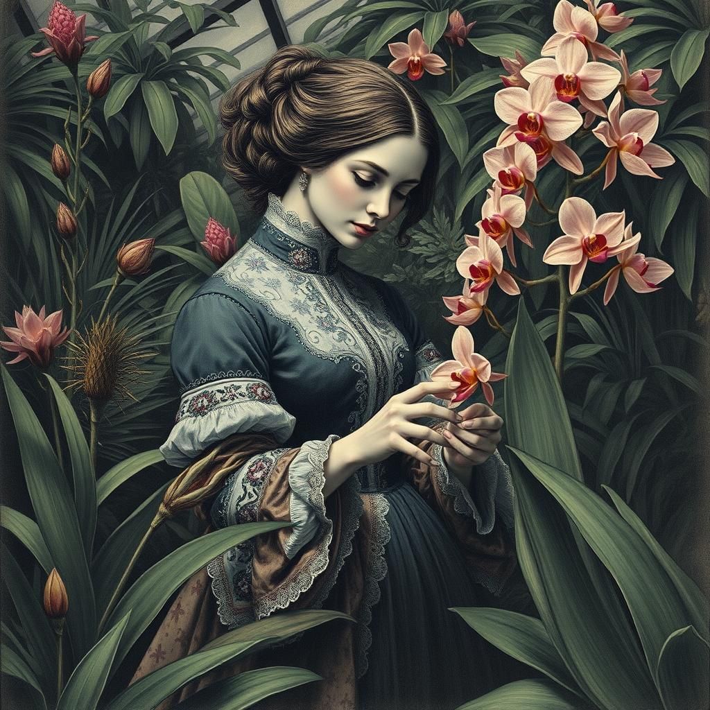 Victorian Lady with Orchid, Charcoal Drawing