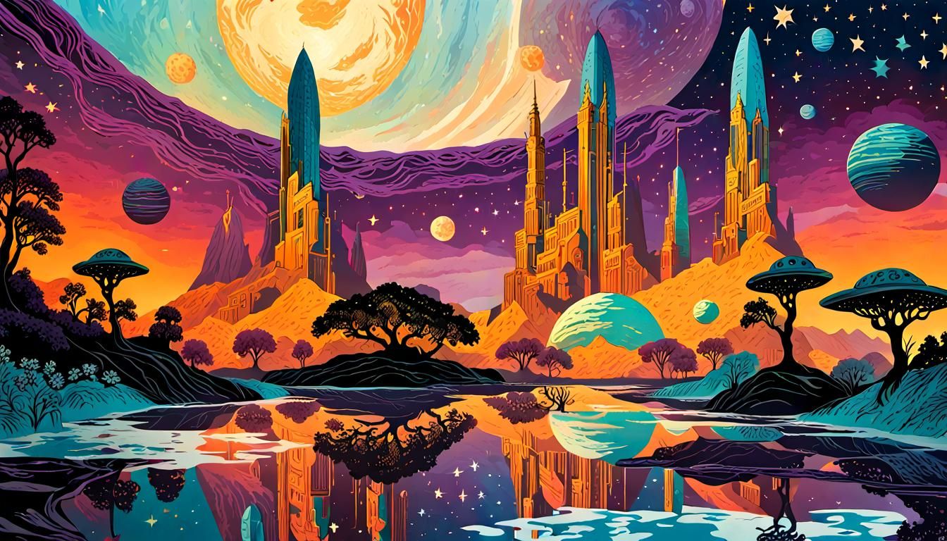 Samuel Palmer Style Spaceship Silhouette in Space