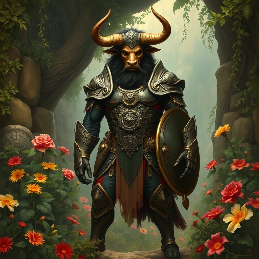 Minotaur Warrior in Pre-Raphaelite Style