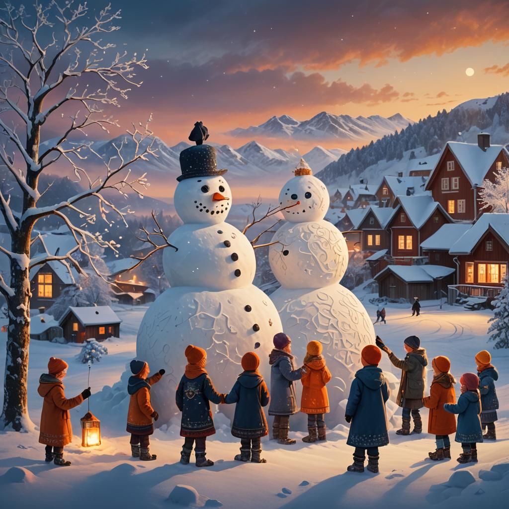Children Building Snowman in Nordic Folk Art Style
