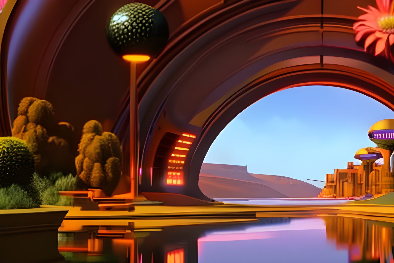 Retrofuturistic Seaport Town at Sunrise in Cyberpunk Style