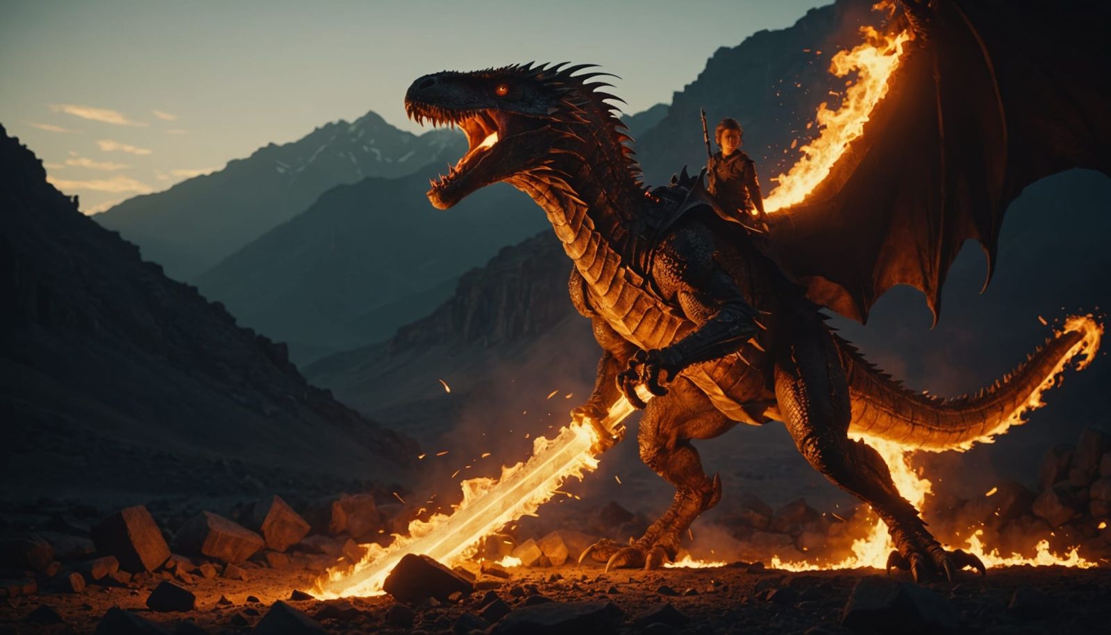 Epic Dragon Wields Cinematic Flame Sword