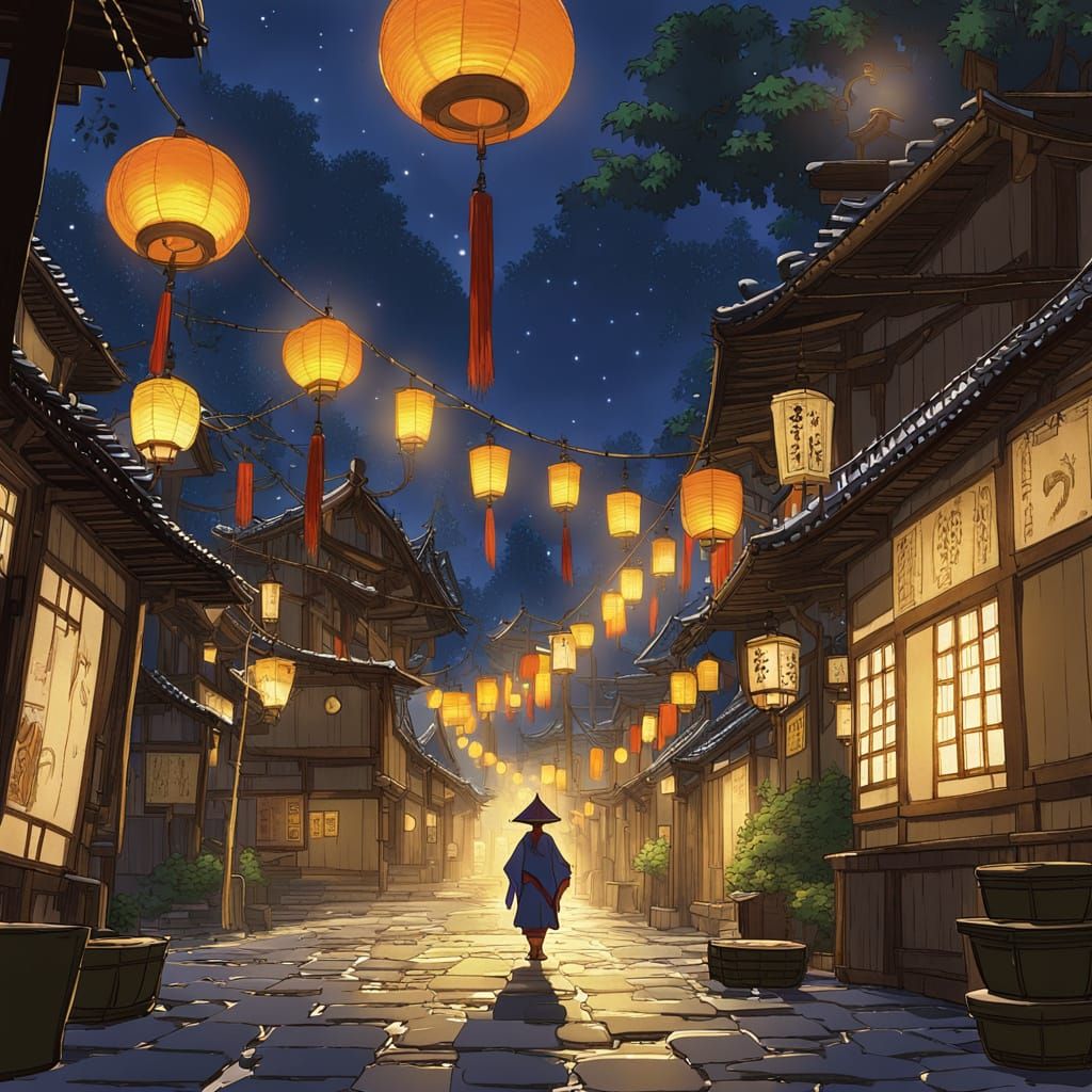 Surreal Japanese Village Illuminated by Vibrant Lanterns in ...