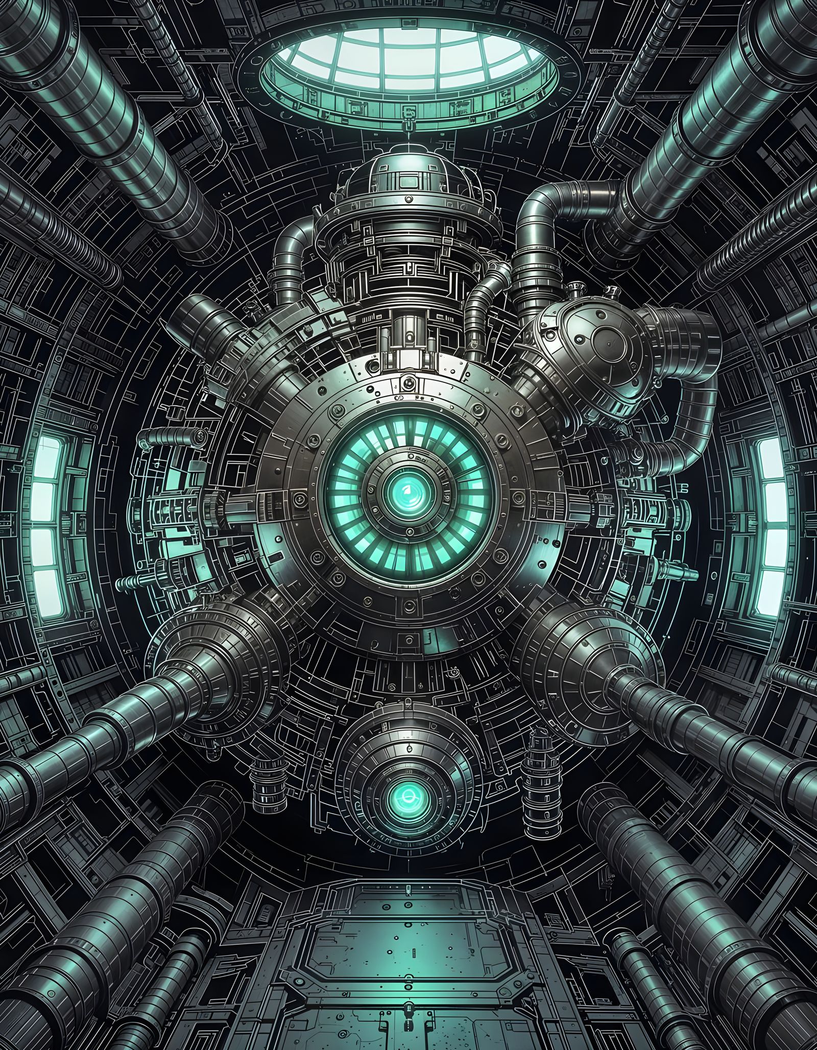 Colossal Steampunk Engine Schematic in Trompe-l'œil