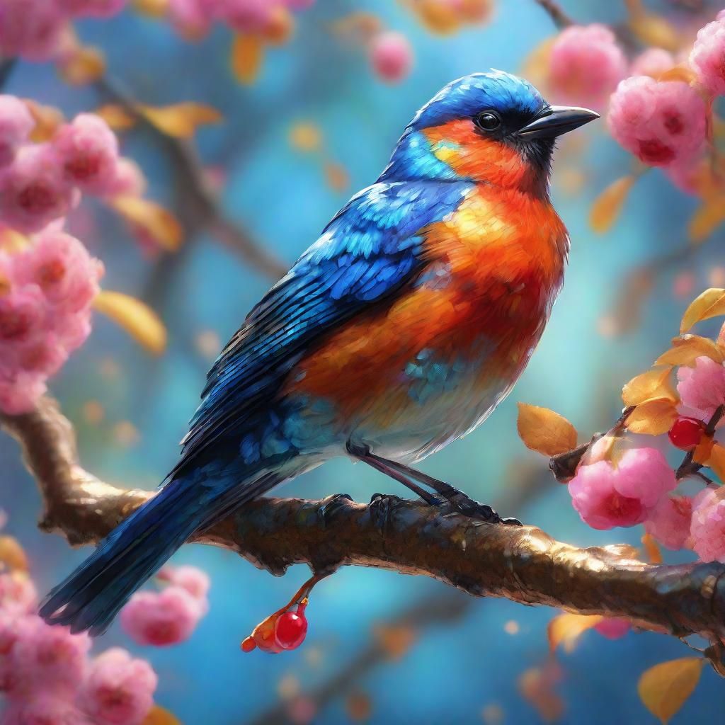 Colorful Bird on Cherry Branch, Neo-Impressionism Style