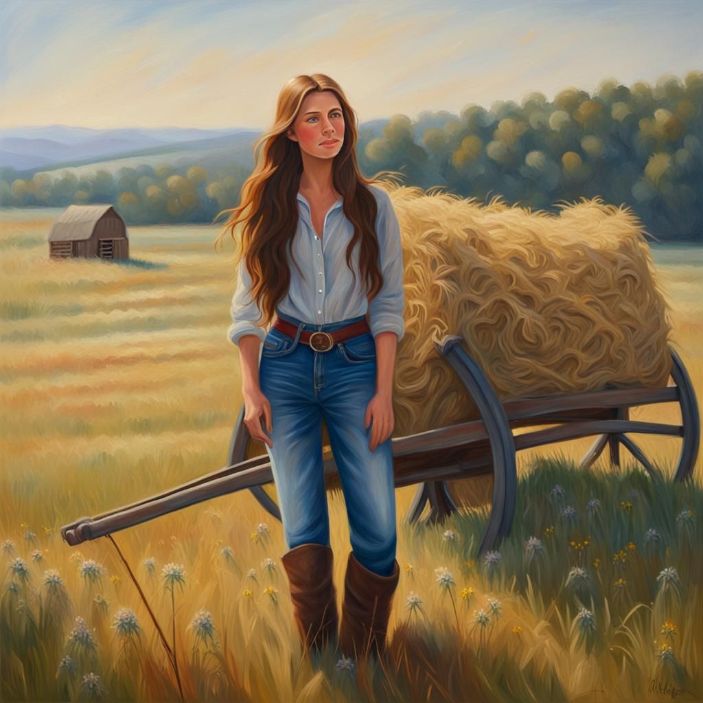 Woman in Meadow: Dutch Master Style Oil Painting