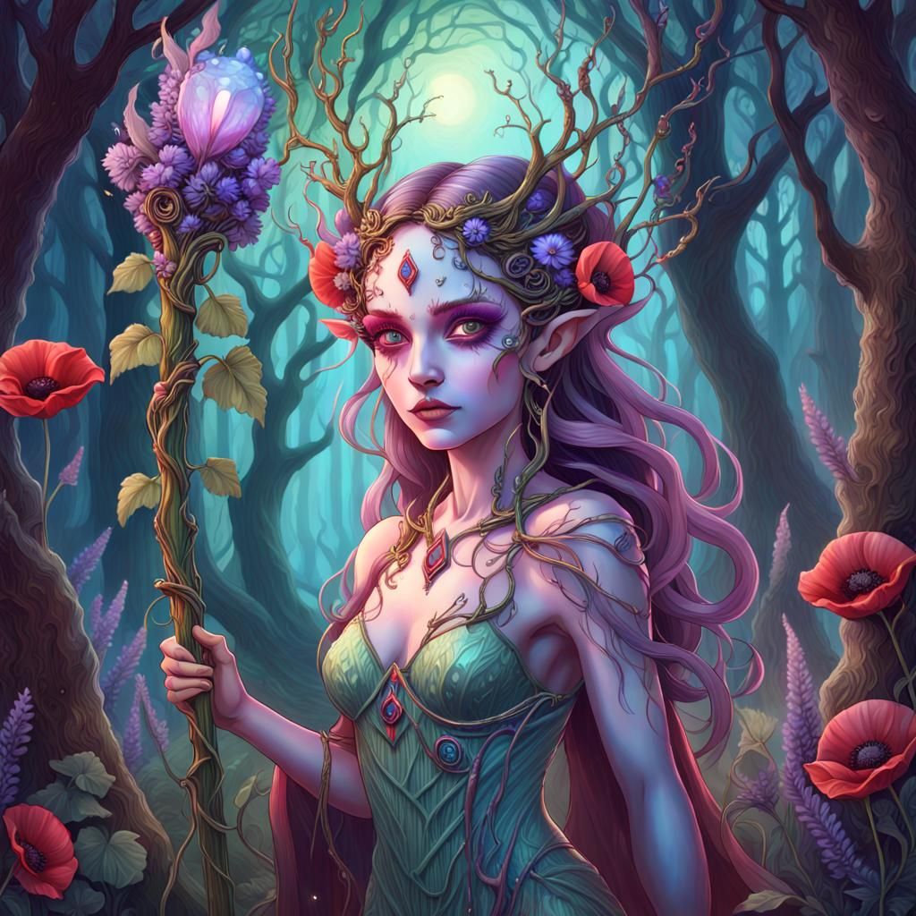 Twilight Dryad Enchantress in Bioluminescent Forest