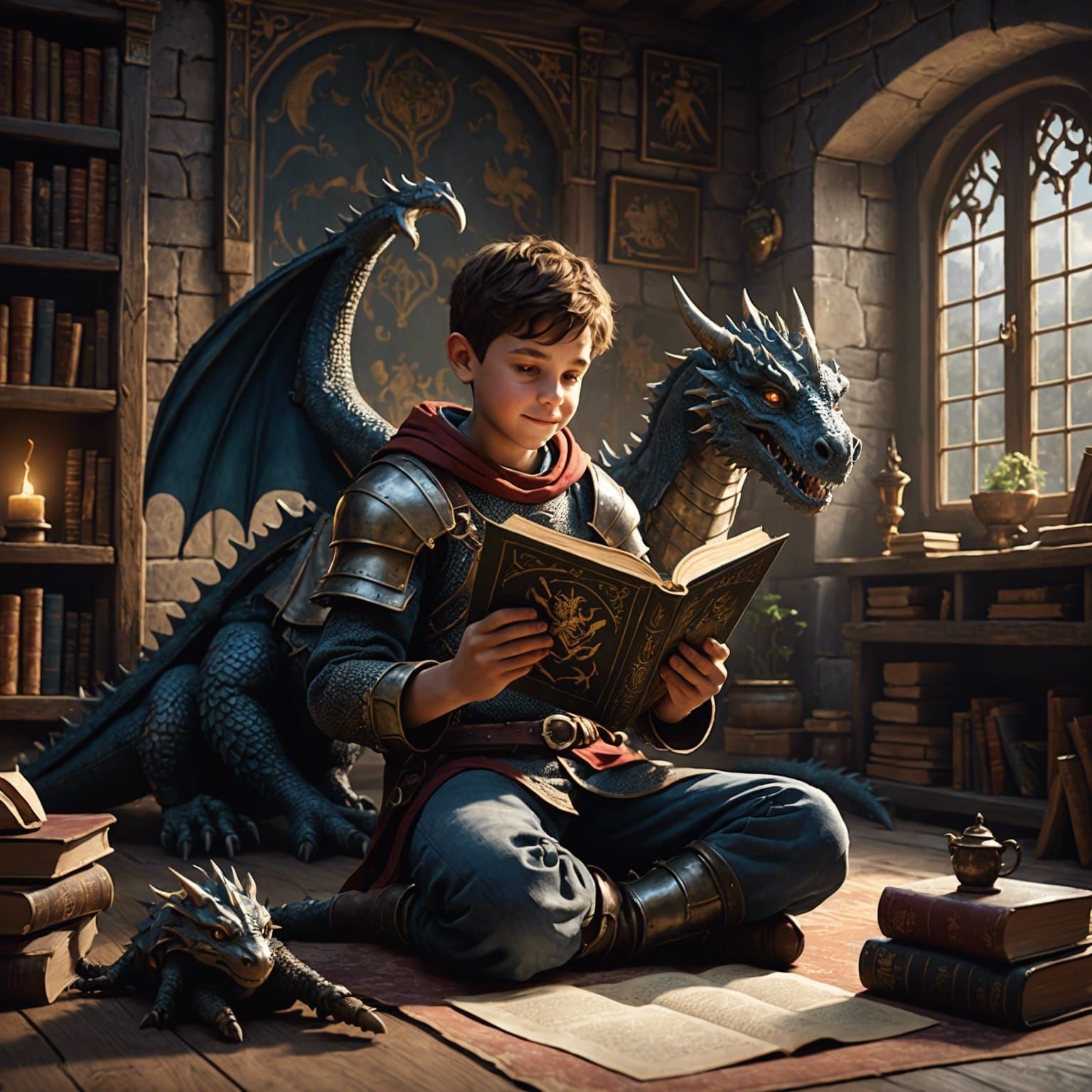 Boy Reading: Knights and Dragons Fantasy Art