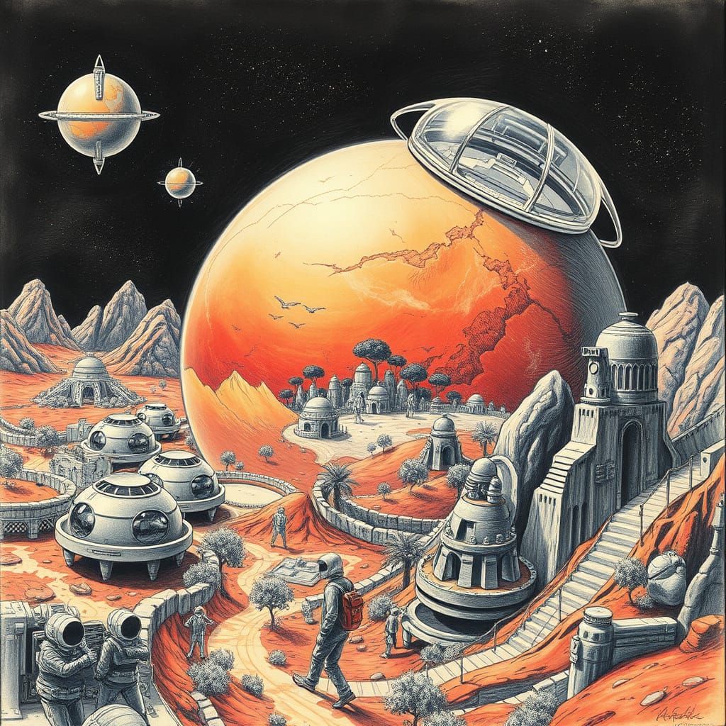 Mars Life: Domes, Parks, and Fields in Charcoal Style