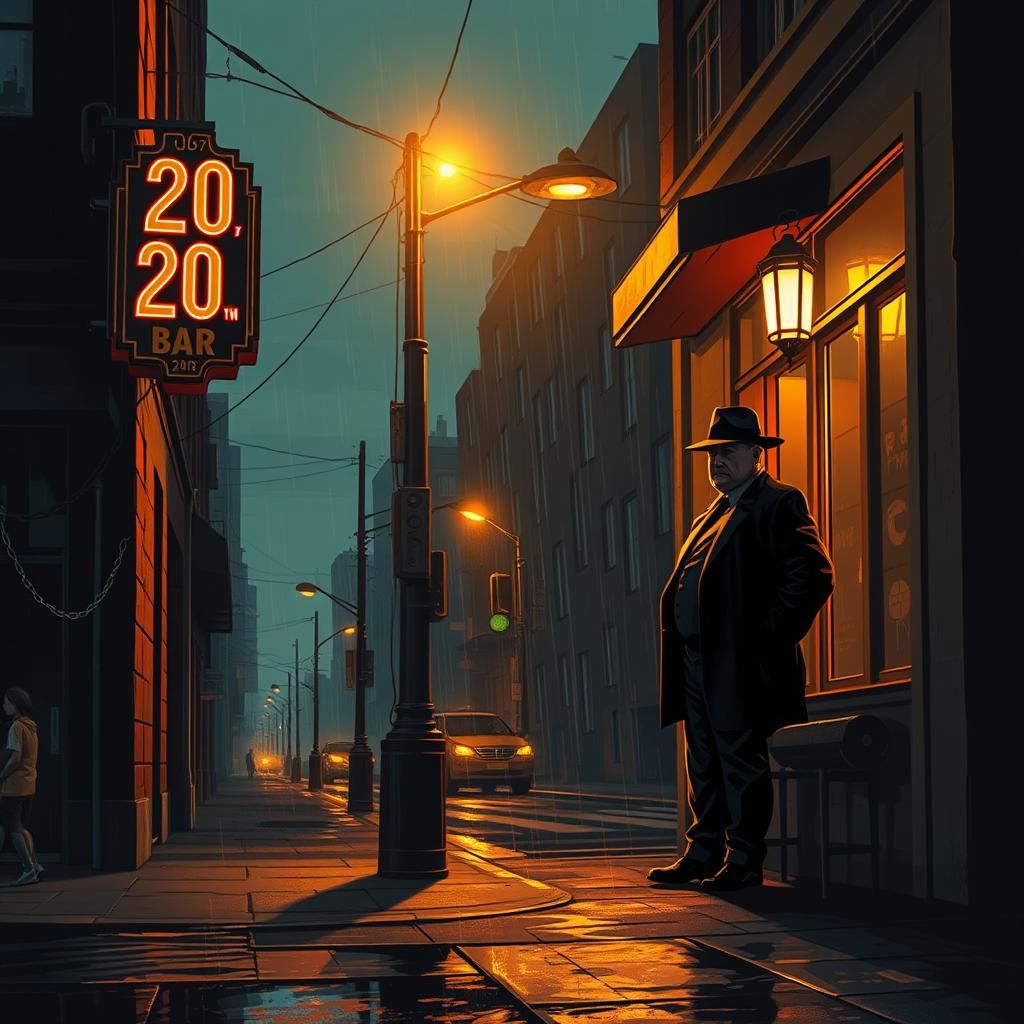 Noir Bar Scene at Dusk in Dark Futurism Style